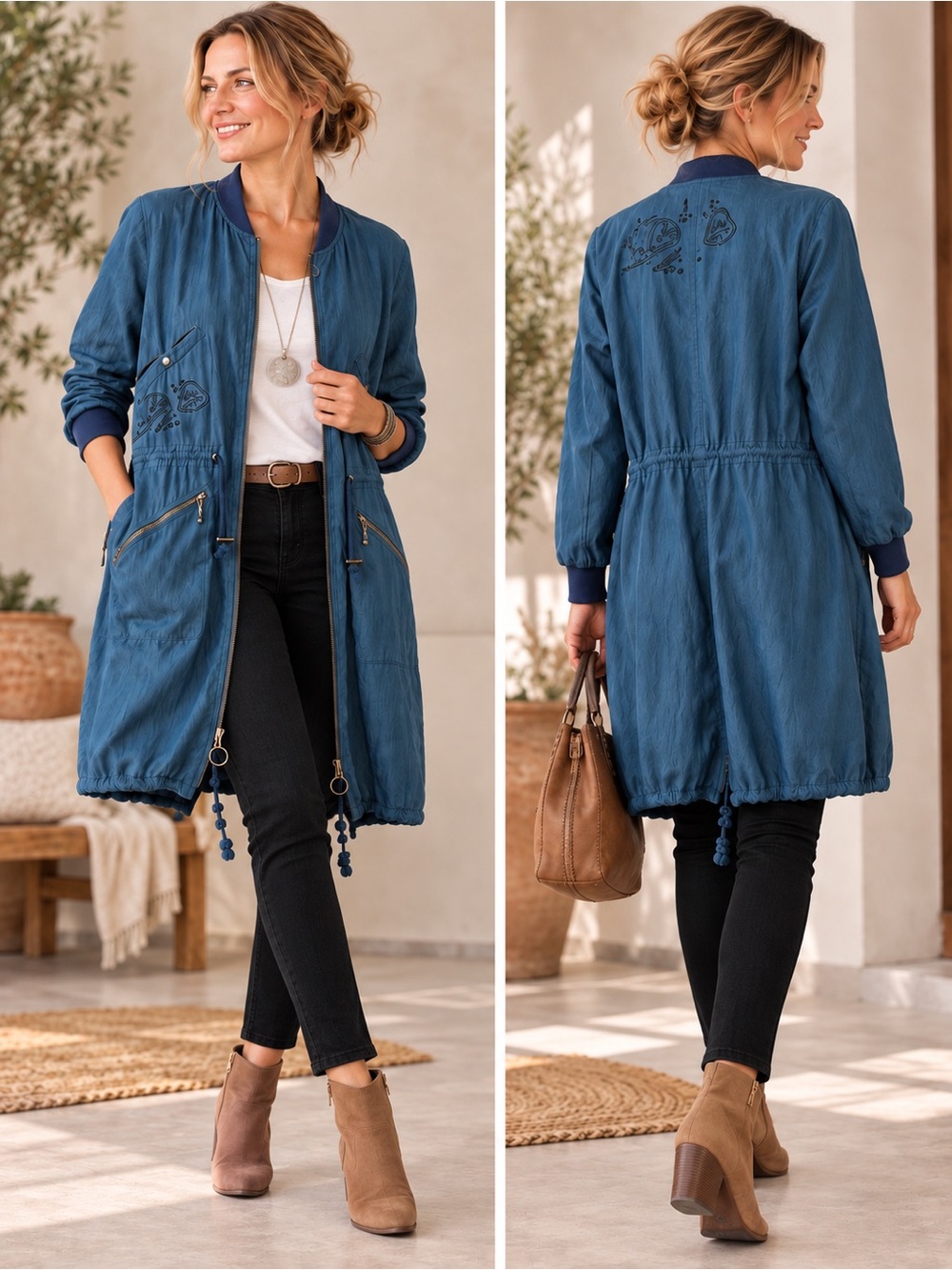 Gudrun Sjödén Ramie Embroidered Long Utility Jacket Duster Blue M